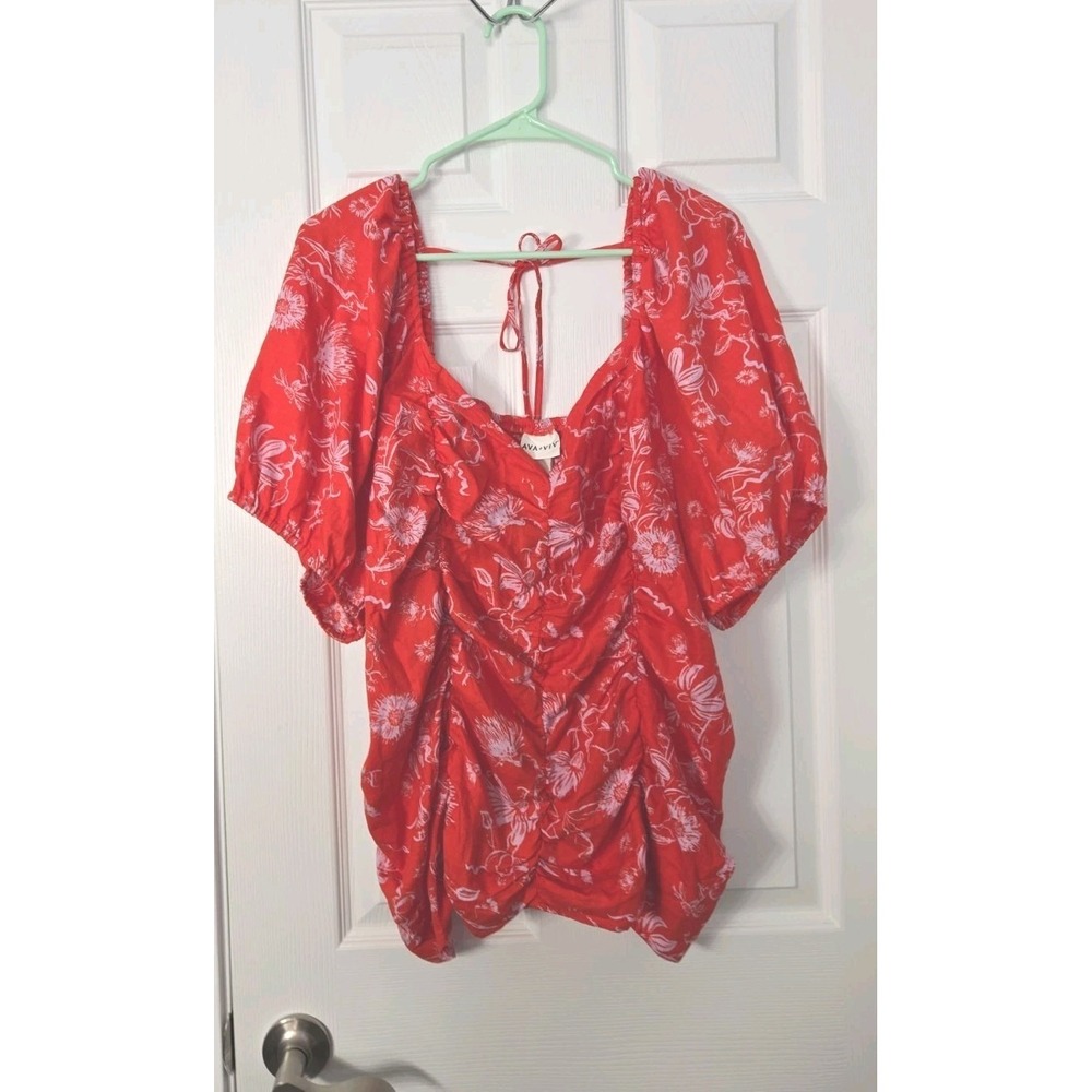 Ava & Viv Shirt Womens Sz 3X  Orange Floral Puff Sleeve Ruched Sweetheart‎